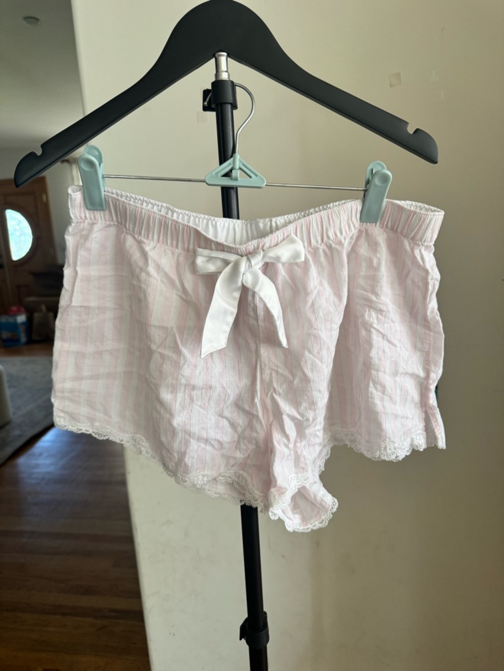 Victoria's Secret Light Pink Striped Lace-Trim Sleep Shorts
